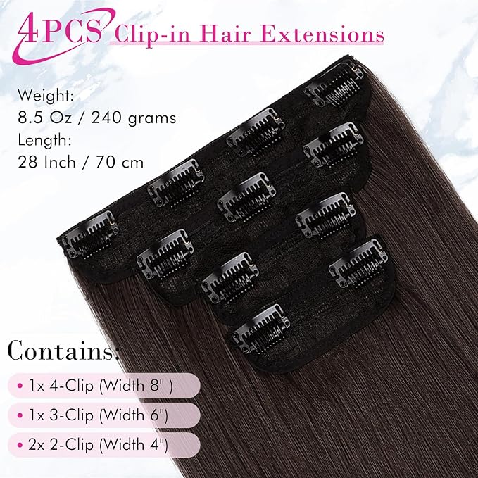 REECHO 28" Straight Super Long 4 PCS Set Thick Clip in on Hair Extensions Dark Brown with Little Reddish