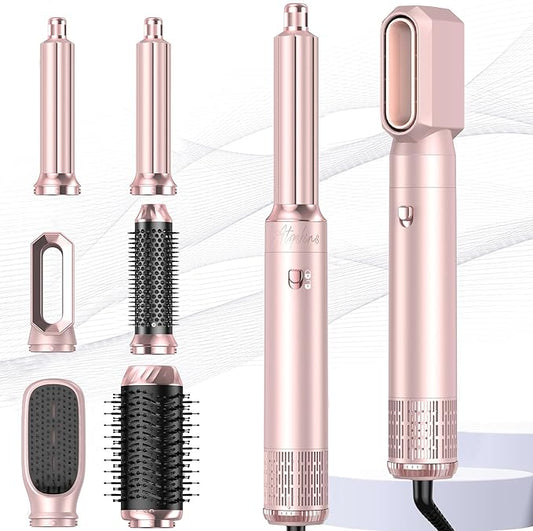6 in 1 Hair Dryer Brush, Detachable Air Styler, Blow Dryer Brush 3 Heat Settings Frizz-Free Drying, Volumizing, Straightening, Curling for Travel & Home Styling (Pink-A)