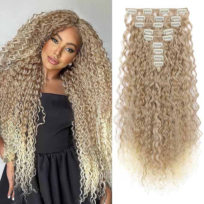 LONAI Hair Extension,9PCS Brown 22" Curly Clip in Hair Extensions LN002 Long Soft Thick Synthetic Hairpieces for Women-Blonde to Light Blonde