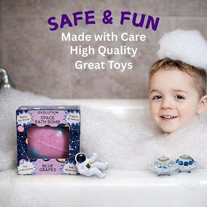EvolutionUSA 1pc Space Bath Bomb for Boys & Girls, Planet Bath Ball with Toy Hidden Inside, Organic Hypoallerganic Childrens Bathbomb, Cosmic Fun Space Surprise, Gift Set Birthday, Christmas, Easter