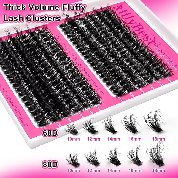 MilyBest Lash Clusters Kit 60D 80D Fluff Cluster Eyelash Extensions 10-18mm Individual Lashes Clusters D Curl Lash Extension Kit, Waterproof Thick Volume Eyelash Clusters with Bond & Seal, Tweezers