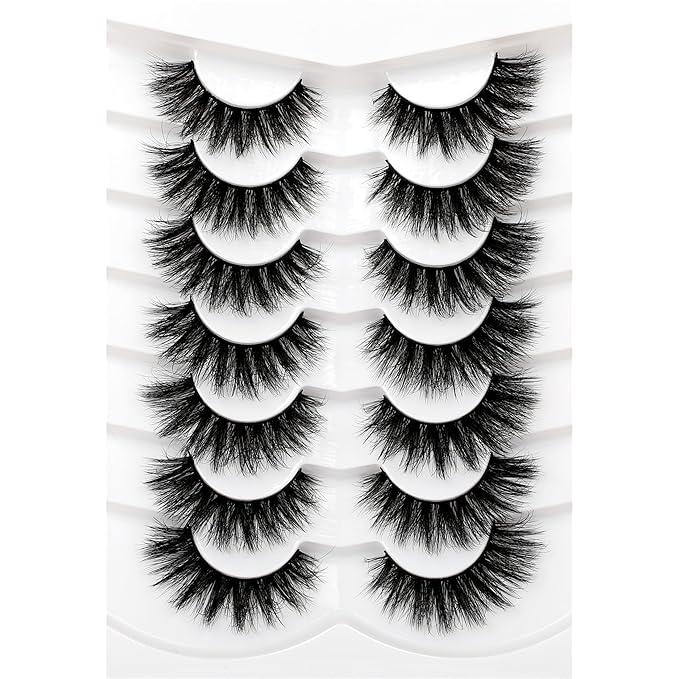 Pooplunch False Eyelash Volume Cat Eye Lashes D Curly Fluffy Lashes Wispy 8D Natural Soft Faux Mink Fake Eyelash Strips 7 Pairs Pack