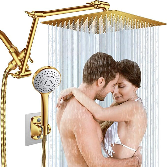 12'' Gold Rain Shower Head, High Pressure Rainfall Shower Head with 16 inch Adjustable Extension Arm，Flexible Adjust Height and Angle, 5 Setting Spray Handheld Shower Head, Anti-leak