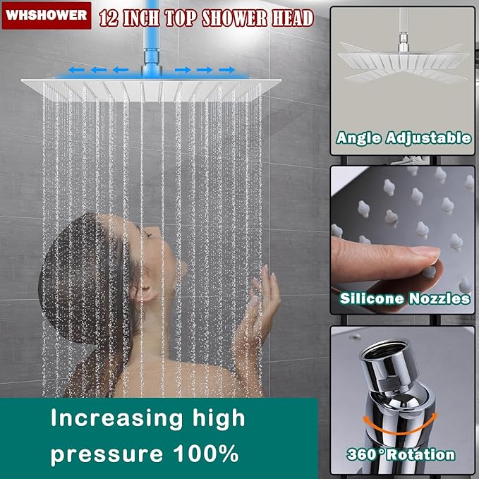 WHSHOWER Triple Shower Head Shower System Chrome Full Body Shower System with Digital Display Shower Valve, 12"+8"+8" Three Top Shower Heads,Handheld Shower and Body Jets