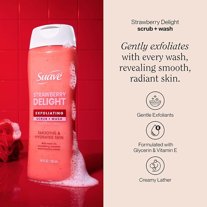 Suave Strawberry Delight Exfoliating Body Wash & Scrub with Glycerin & Vitamin E, Sulfate-Free Hydrating Cleanser for Soft, Smooth Skin, 6 Count, 18 FL OZ EA