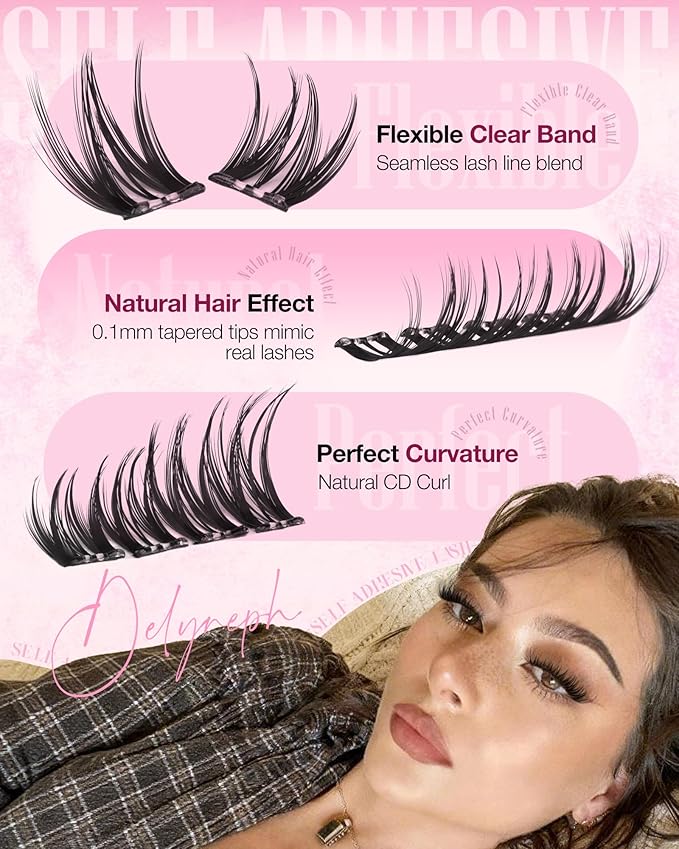 Self Adhesive Eyelashes Wispy Self Adhesive Lash Clusters Natural Clear Band Eyelash Clusters 8-14mm Short Cluster Eyelash Extensions Pre-Glued Cluster Lashes by Delyneph