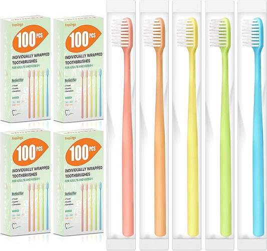 400 Pack Disposable Toothbrushes Bulk – Individually Wrapped Soft Bristles Single Use for Adults & Kids, Travel Hotel Guest Dental Office Donation Emergency Hygiene,Minimalist Design 5 Colors