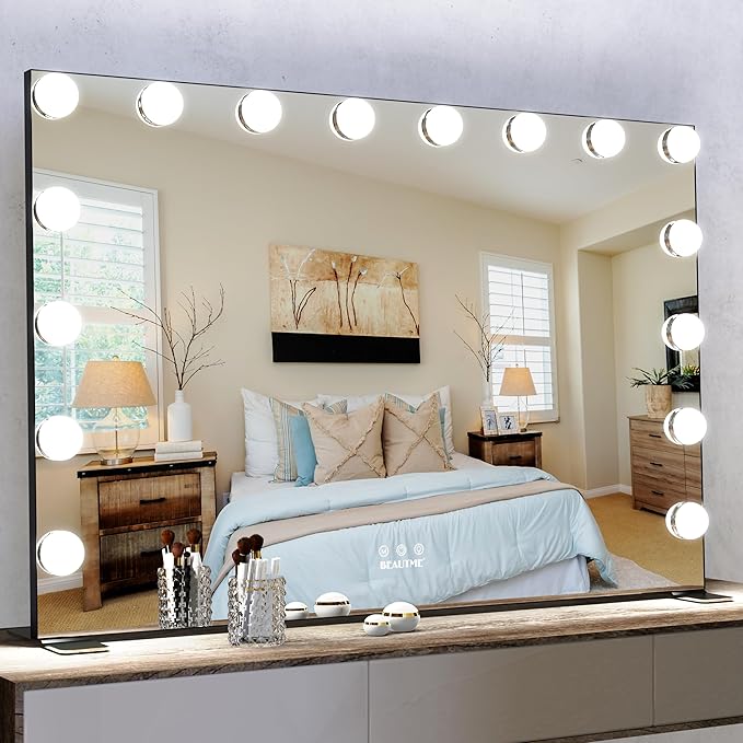 BEAUTME Large Vanity Mirror with Lights, 35.9''×24.3'' Hollywood Makeup Mirror with 16 Dimming LED Bulbs, 3 Lighting Modes, Touch Control, Tabletop or Wall Mounted, Black