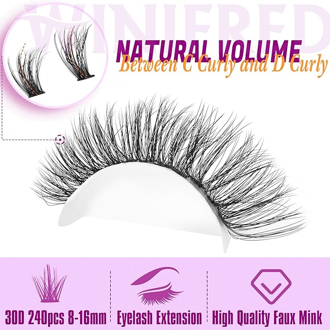 Lash Clusters Kit Lash Extension Kit Wispy 8-16mm Natural Lashes Clusters 240pcs Eyelash Extension Clusters 30D Individual Lashes with Lash Bond and Seal Lash Remover Lash Tweezers by Winifred