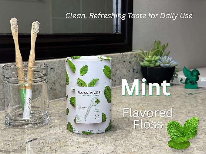 Individually Wrapped Biodegradable Dental Floss Picks, Mint Flavor, PBAT & Starch-Based Material, Single-Use Flossers for Daily Oral Care