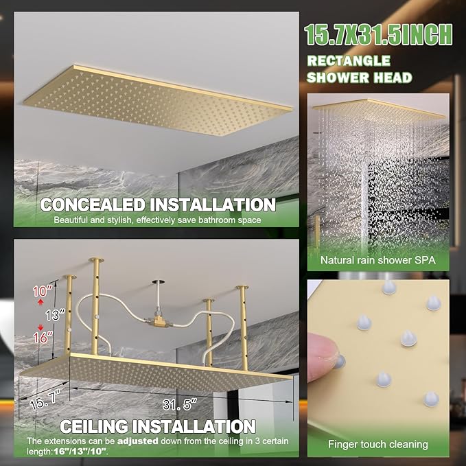 HOMEDEC 15.7x31.5" Ceiling Rain Shower System with Handheld, 6 Spray Jets, and Dual Side 6" Wall Mount Shower Head, Brushed Gold