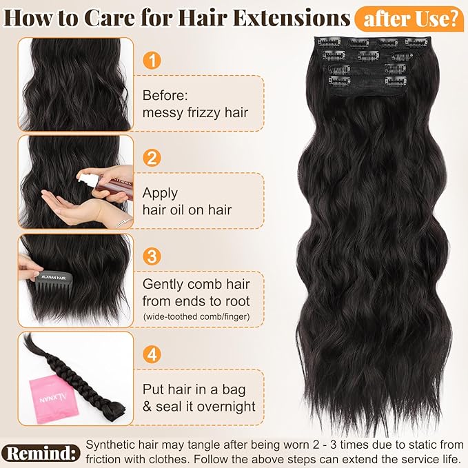 ALXNAN Clip in Long Wavy Synthetic Hair Extension 20 Inch Black Brown 4PCS Thick Hairpieces Fiber Double Weft Hair for Women