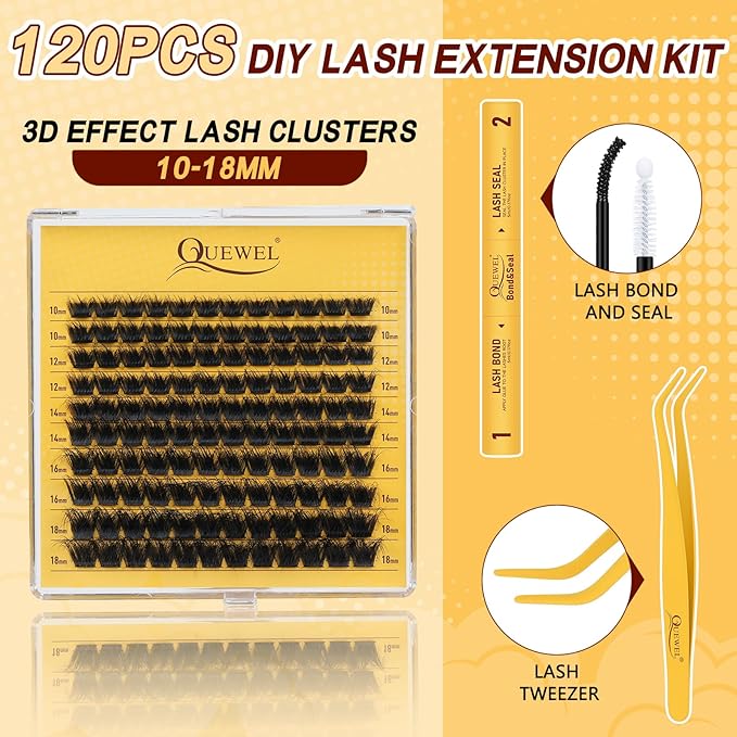 QUEWEL Lash-Clusters-Kit, DIY Lash Extension Kit 3D Effect Lash-Clusters Mix 10-18mm Eyelash Clusters with Lashes Bond and Seal Eyelash Tweezers (3D Cloud A Kit)