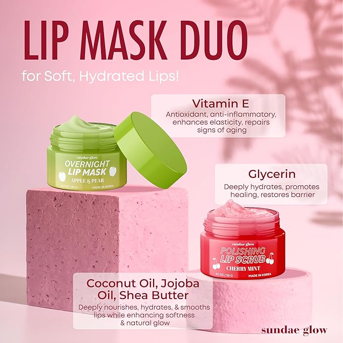 Sundae Glow Lip Mask & Scrub – Apple, Pear, Cherry & Mint – Hydrates, Exfoliates, Softens, Repairs Dry & Chapped Lips – Dermatologist Tested, Korean Skin Care – Vegan, Clean Beauty – Duo Pack
