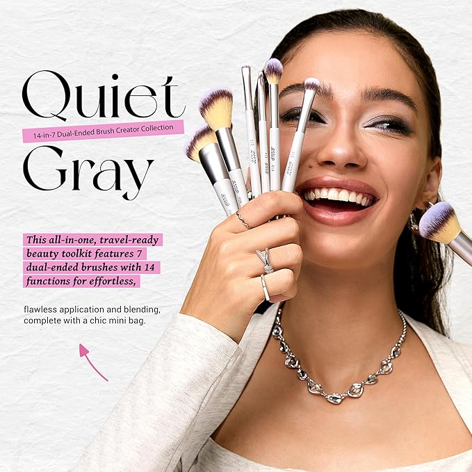 Jessup Makeup Brushes Set 7pcs Dual Ended Makeup Brush Premium Synthetic Foundation Contour Blush Highlight Blending Eyebrow Eyeshadow Shader Concealer Brush with Bag, Quiet Gray T520