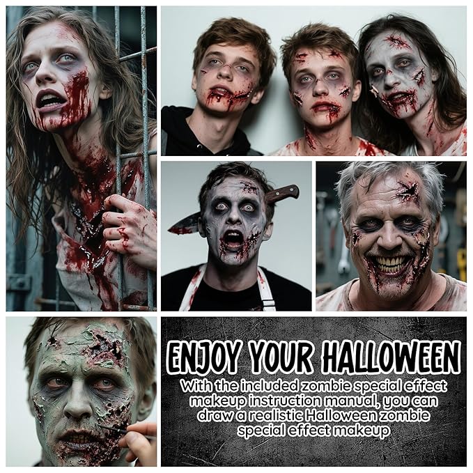 Halloween Zombie SFX Makeup Kit, Complete Zombie Makeup Set Include 5 Colors Face Paint, Scar Wax, Setting Powder, Fake Blood & Liquid Latex for Cosplay Stage Realistic Special Effects Makeup