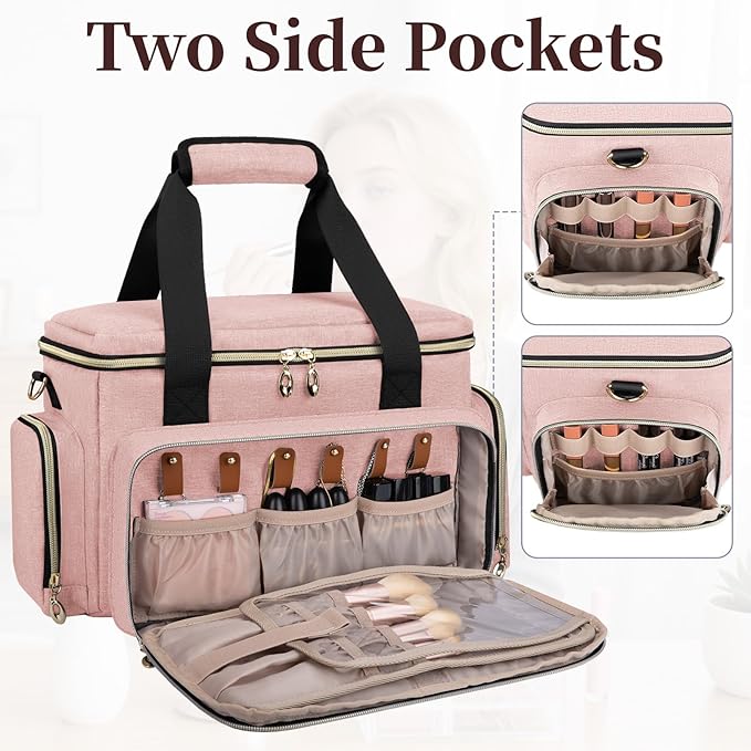 GDNasist Large Makeup Bag, Portable Travel Makeup Bag Organizer for Women Girls with 2 Removable Pouches & Detachable Dividers, Cosmetic Travel Bag, Toiletry Bag for Makeup and Hair Supplies Pink