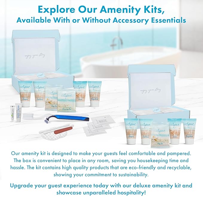 1-Shoppe Aqua Organics Amenity Kit | Boxed Hotel Toiletries Bulk Set | 1 oz Shampoo, Conditioner, Lotion, Body Wash & Bar Soap | 5 piece set