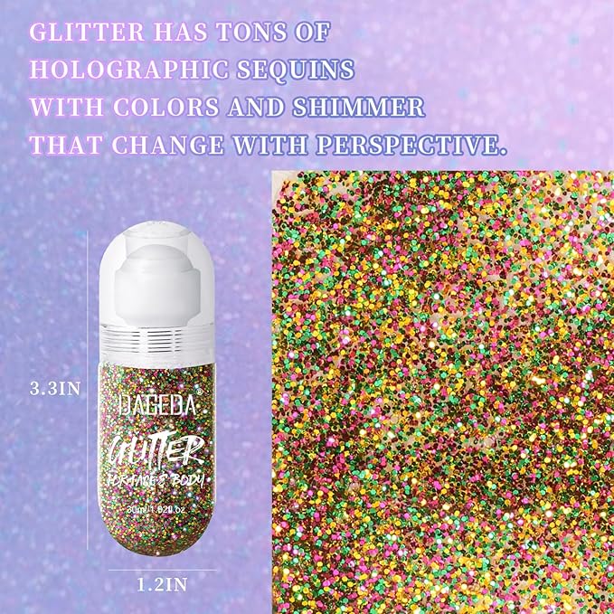 DAGEDA Mardi Gras Body Glitter Gel, Roll-on Face Glitter for Mardi Gras Oufits Accessories for Women, Carnival Accessories Green Purple Gold Hair Glitters,Body Shimmer Makeup for Rave Party