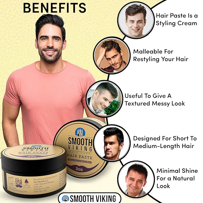 Smooth Viking Hair Paste for Men - Hair Styling Cream with Minimal Shine & Medium Hold Hair Products for Men, Hair Cream for Men, Styling Paste for Textured Messy Hairstyle - Made in USA, 2oz