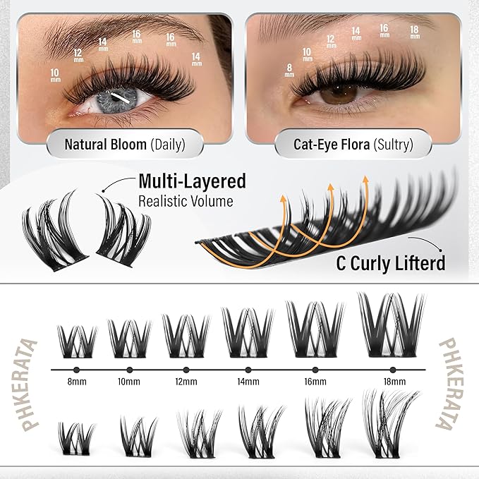 Flora Lash Clusters Kit Wispy Cluster Eyelash Extensions Natural Eyelash Clusters Kit Ultra-thin Band Individual Lashes DIY Lash Extensions with Bond and Seal Tweezers, 8-18mm, 132Pcs