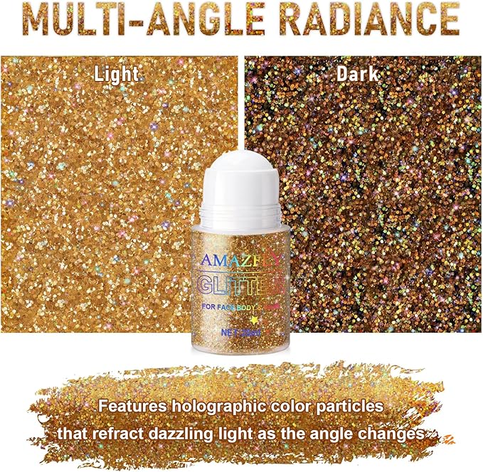 Roll-on Holographic Body Glitter Gel for Face and Hair, Chameleon Color Changing Glitter Gel Under Light, Chunky Mermaid Sequins Shimmer Makeup for Halloween Party Rave Accessories (Champagne)