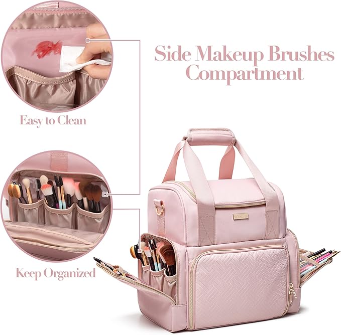 Prokva Large Makeup Cosmetic Bag with 3 Removable Case, Double Layer Travel Makeup Organizer Case with Inner Dividers and Makeup Brushes Storage Section, Pink (Patented Design)