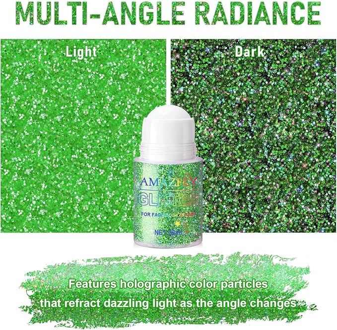 Roll-on Holographic Body Glitter Gel for Face and Hair, Chameleon Color Changing Glitter Gel Under Light, Chunky Mermaid Sequins Festival Party Rave Accessories (Green)