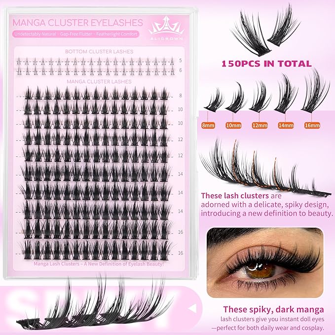 Manga Lash Clusters Kit Spiky Eyelash Clusters Kit with Bottom Cluster Eyelash Extensions Wispy Individual Lashes Kit with Lash Bond and Seal 8mm-16mm Doll Lash Extensions Kit