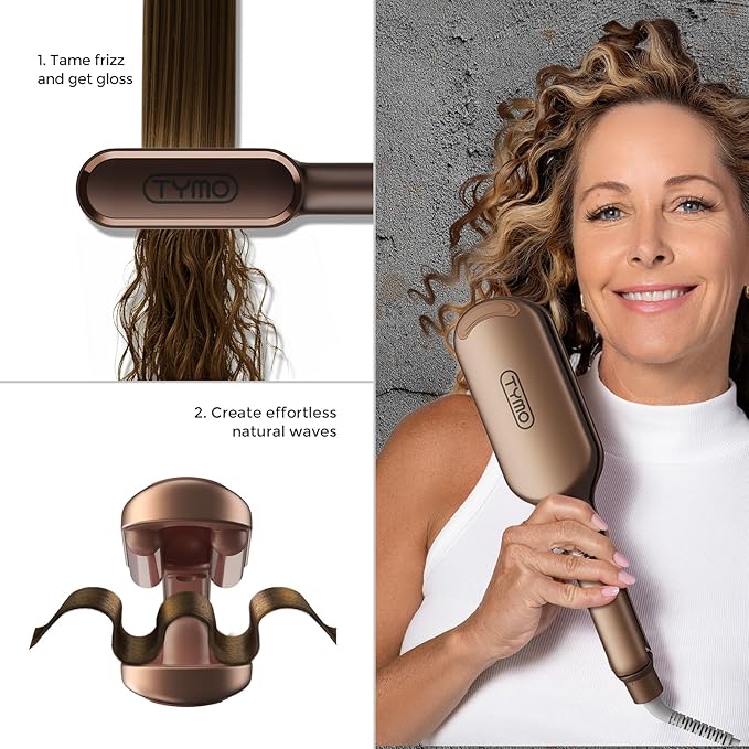 TYMO Limited Edition Styling Set - Include TYMO ROVY Hair Crimper Wave Curling Iron & Ring Plus Straightener Brush & STYLUX Thermal Brush, 3 in 1 Ionic Hair Curler Tool Set for Women