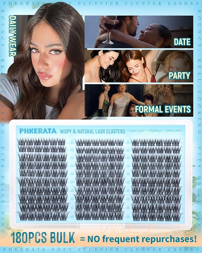 Wispy Lash Clusters Naural Eyelash Clusters Extensions C Curly Individual Lashes Clusters DIY Eyelash Extension with Wide Soft Thin Band,10-16MM,180Pcs