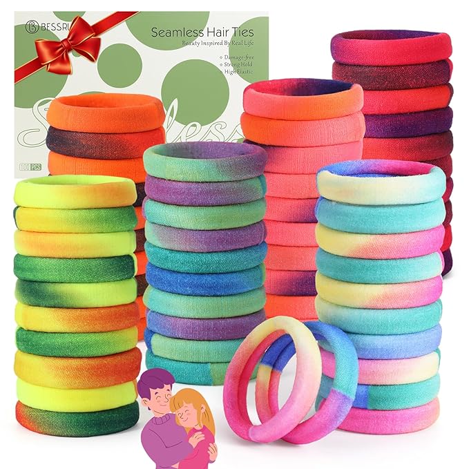 Bessrung 100 PCS Seamless Hair Ties, No Damage Elastic Hair Ties for Women Girls, Strong Hold No Slip Hair Bands, Soft Stretchy Ponytail Holders for Thin Thick Hair Valentine's Gift(Rainbow Color)