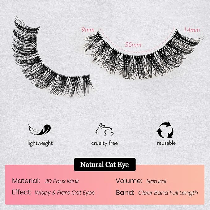 Cat Eye Lashes Natural Wispy Eyelashes 14 Pairs Short Fake Lashes Strips 9-14mm False Mink Eyelash Pack Small Clear Invisible Band Strip Lash Natural Look