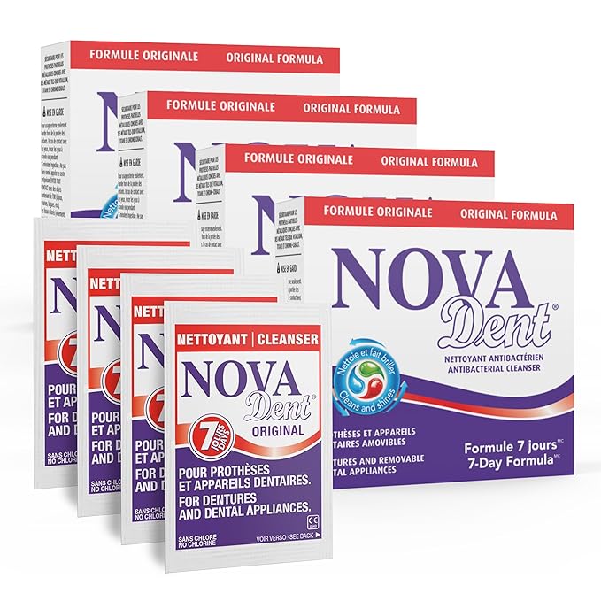 Novadent Dentures Cleaner – for Dental Appliances, Retainers, Trays, Mouth Guards, Teeth Aligners - 1 Year + Free Month (56 sachets)