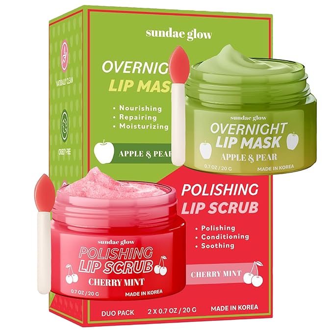 Sundae Glow Lip Mask & Scrub – Apple, Pear, Cherry & Mint – Hydrates, Exfoliates, Softens, Repairs Dry & Chapped Lips – Dermatologist Tested, Korean Skin Care – Vegan, Clean Beauty – Duo Pack