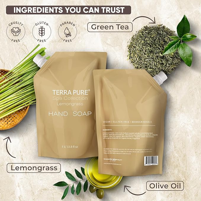 Terra Pure Spa Collection 1 Liter Body Wash Refill Bag For Soap Dispensers | Bulk Toiletries for Vacation Rentals, and Home Bathroom Showers | Green Tea Lemongrass | Set of 3
