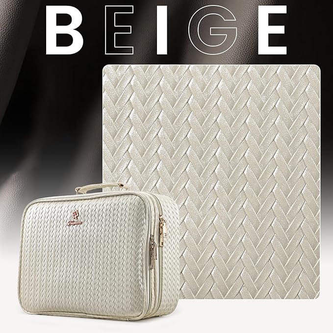 Faquenc Makeup Bag with LED Lighted Mirror 12.2 IN Cosmetic Train Case Double Layer Makeup Case Adjustable Brightness in 3 Colors Cosmetic Organizer Artist Storage with Brush Holder Vanity Beige
