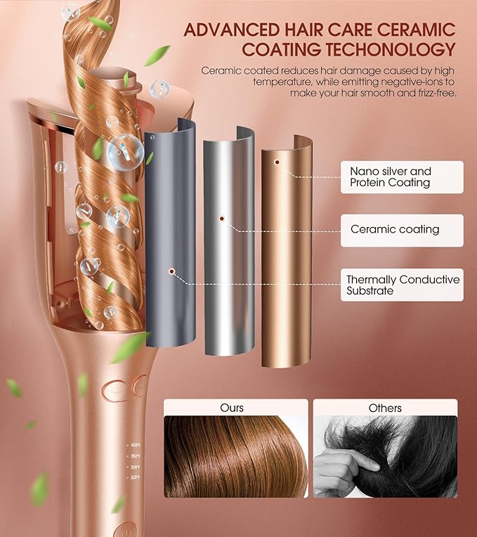Automatic Curling Iron, Auto Hair Curler with 1" Curling Wand Large Slot & 4 Temperature & 3 Timer, Dual Voltage Anti-Tangle Rotating Curling Iron with Auto Shut-Off for Hair Styling, Champagne