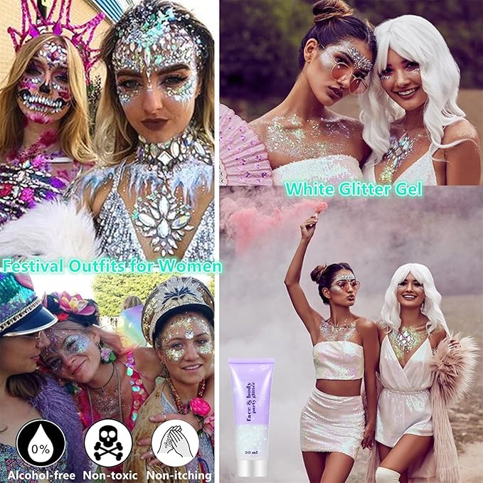 Go Ho White Silver and Gold Face Body Glitter Gel,Holographic Long Lasting Chunky Sequins Glitter Makeup for Singer Concerts,Parties,Performances,Stages,Festival Rave Accessories