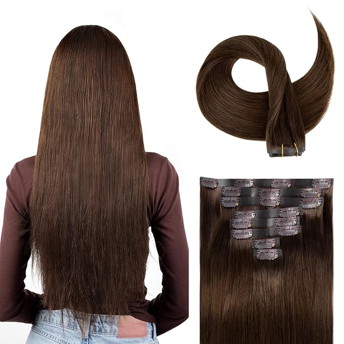 Clip in Hair Extensions Real Human Hair Chocolate Brown Seamless Clip In 100% Straight Remy Hair Extensions PU Skin Weft Add Volume for Women #4A 22Inch 120G 8PCS