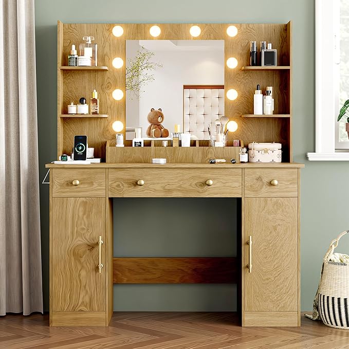 Vanity Desk with Mirror and Lights, 43'' Makeup Dressing Table Set with 5 Drawers & Power Outlet, 3 Lighting Modes Brightness Adjustable, Vanity with RGB Ambient Light for Women Girls Bedroom, Oak