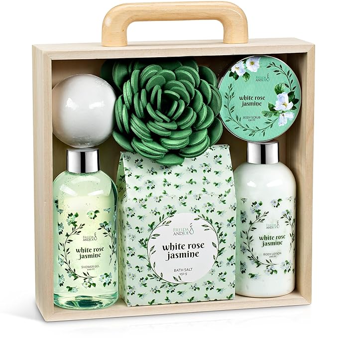Deluxe White Rose Jasmine Spa Basket Home Spa Set with Shower Gel, Body Lotion, Bath Salts, Body Scrub, Bath Bomb and Bath Puff in Wooden Curio