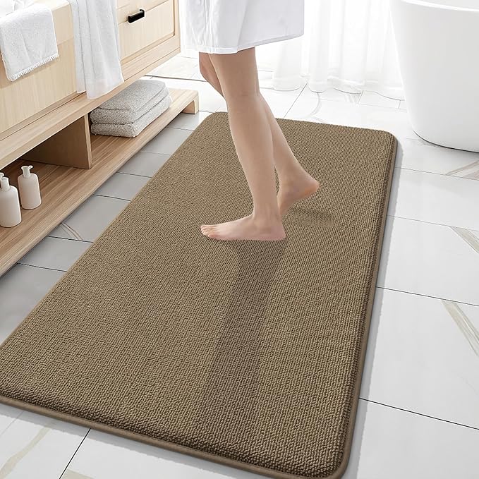 OLANLY Thick Memory Foam Bath Mat Rug 47x20, Extra Soft Absorbent Bathroom Rug, Quick Dry Bath Mats, Non-Slip, Machine Washable Carpet for Bathroom, Tub and Shower, Home Decor Accessories, Tan