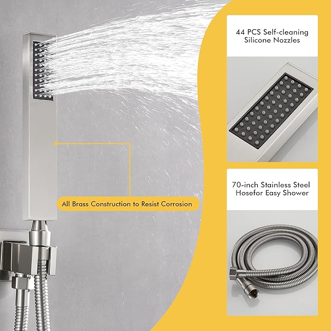Fransiton Shower Faucet set with Shower head 10 Inches Rainfall Shower Head and Handle Set Single Handle Wall Mounted Shower System Set with Female Threads Valve Body(Brushed Nickel)