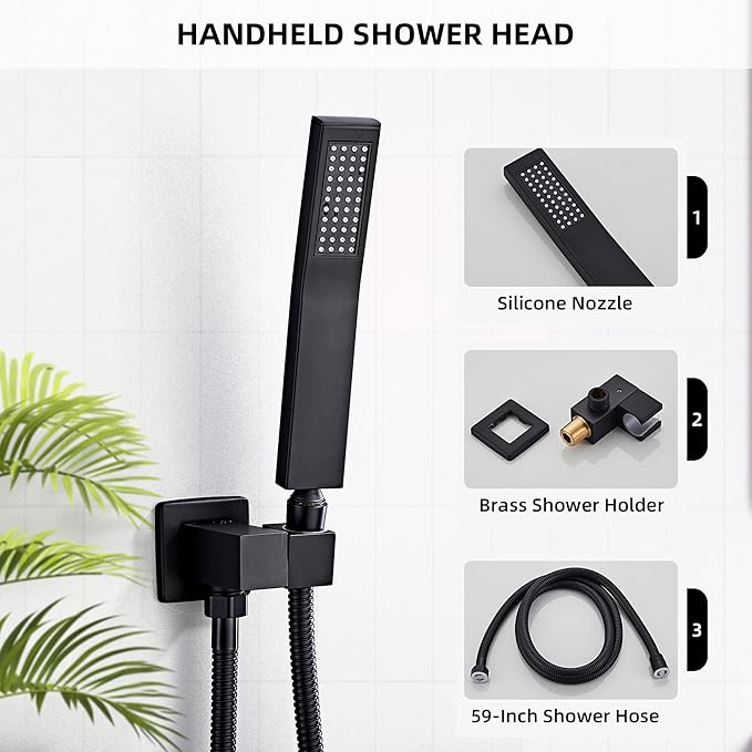 LCEVCGK Shower Faucet Set, Matte Black Rainfall Shower System Complete Wall Mounted for Bathroom with 10 Inch Square Shower Head and Handheld Shower Head Rain Mixer Combo Set