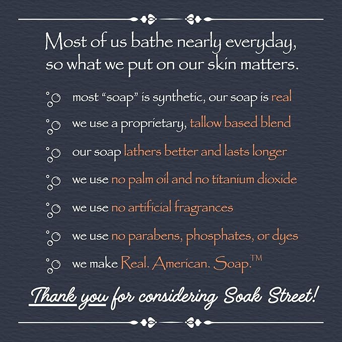 Soak Street Real American Soap (Variety Bundle, 3 Pack) – Natural Bar Soap Made with Grass-Fed Tallow, Conditioning Lard, & Pure Coconut Oil – Unscented, Charcoal & Tea Tree Oil, & Lavender Goat Milk