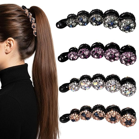 4 Pack Sparkly Rhinestone Banana Hair Clips for Fine/Medium Hair, 3.9 Inch Crystal Ponytail Holder, Bling Hair Combs for Half-Up Styling, Elegant Gemstone Accessories (Multicolor)