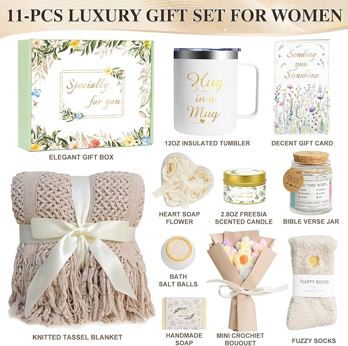 Valentines Day Gifts for Her Women Girlfriend Wife Daughter, 11 Pcs Birthday Gifts for Women Mom Her Best Friend Sister Grandma, Self Care Gift Get well Relaxing Spa Thank you Sympathy Gift Basket Set