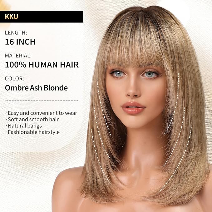 KKU 16 Inch Ombre Ash Blonde Human Hair Wigs for Women,Layered Straight Hair Wig with Bangs,Wear Natural Realism