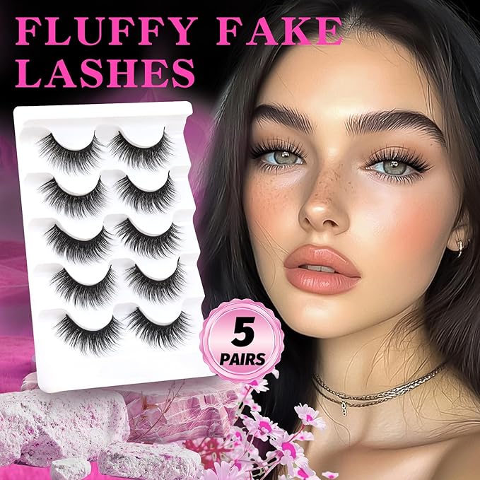 Veleasha Lashes 5D Faux Mink Lashes 100% Handmade Fluffy Fake Eyelashes C Curl Lightweight Wispy False Eyelashes Luxurious Soft Lashes 5 Pairs Pack (5D32)